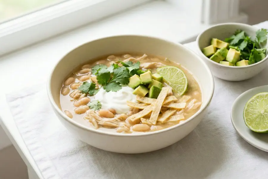 White chicken chili slow cooker meal in cream bowl with cilantro and avocado