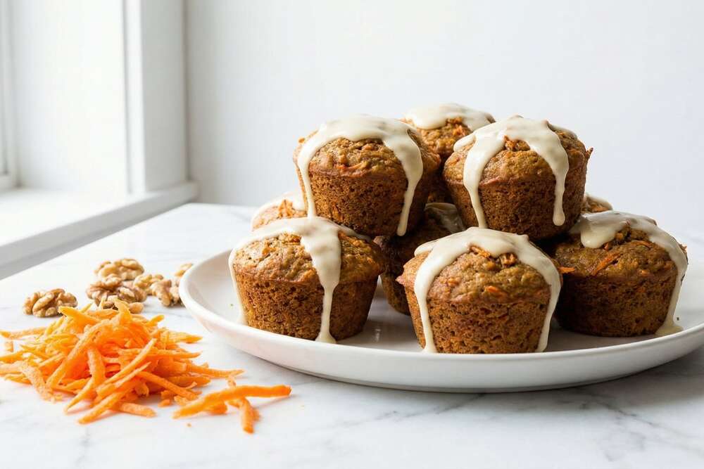 Carrot cake protein muffins meal prep with grated carrots and cream cheese drizzle on white plate