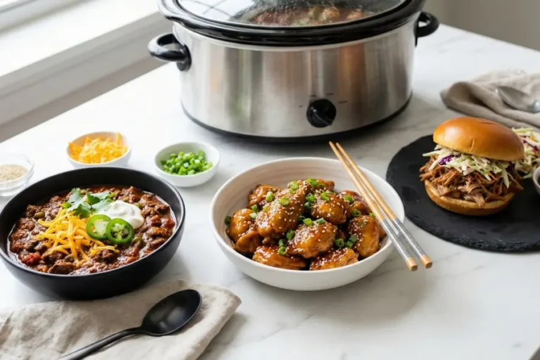 Slow cooker high protein meals including honey garlic chicken beef chili and pulled pork arranged on white marble counter with crockpot