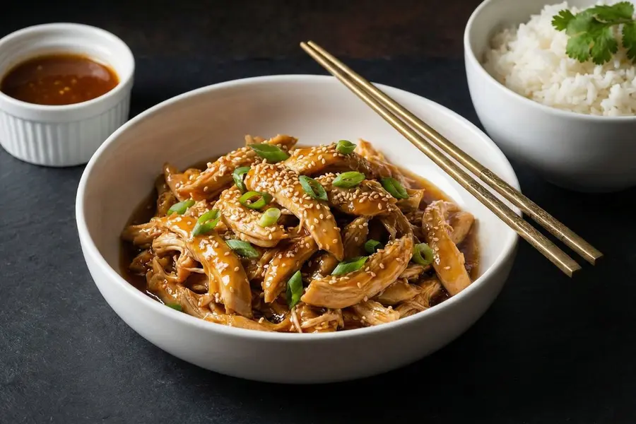 Honey garlic chicken slow cooker meal in white ceramic bowl with sesame seeds and green onions on slate