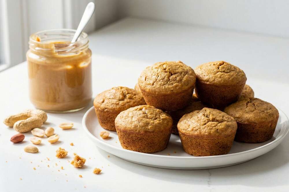 Peanut butter protein muffins meal prep on white plate with peanut butter jar and peanuts