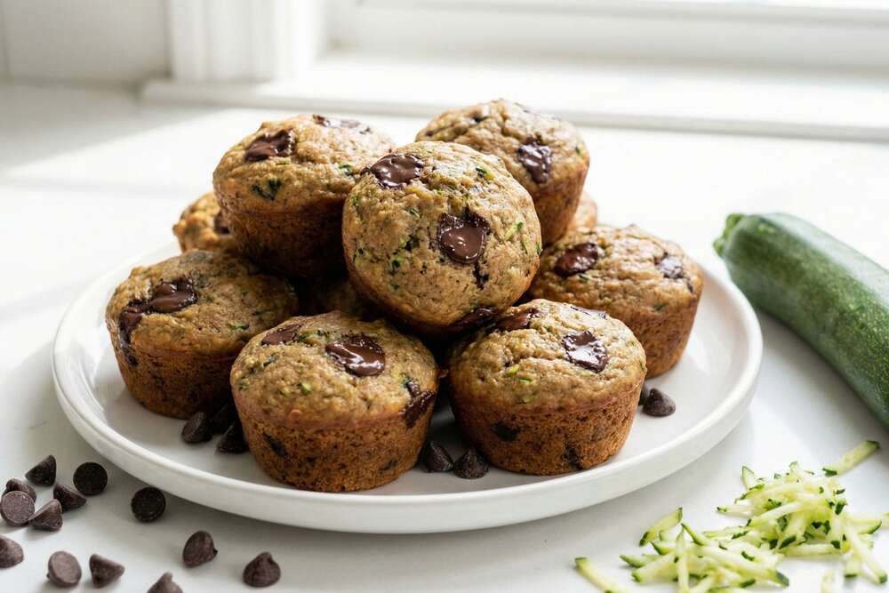 Zucchini chocolate chip protein muffins meal prep on white plate with fresh zucchini and chocolate chips