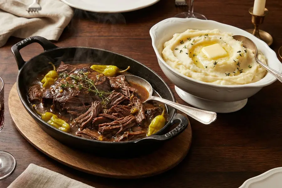 Mississippi pot roast slow cooker meal in cast iron dish with mashed potatoes