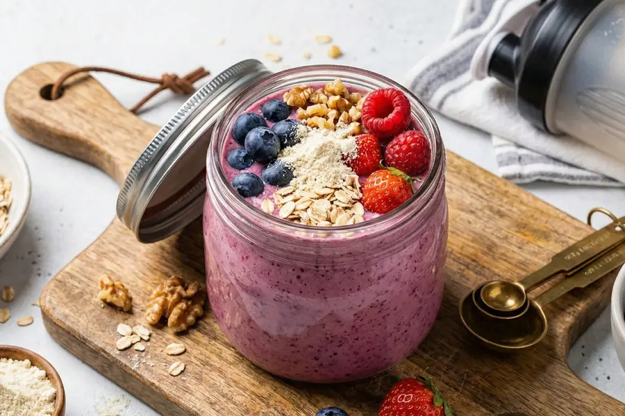 Berry protein brain builder smoothie in glass jar with oats and walnuts