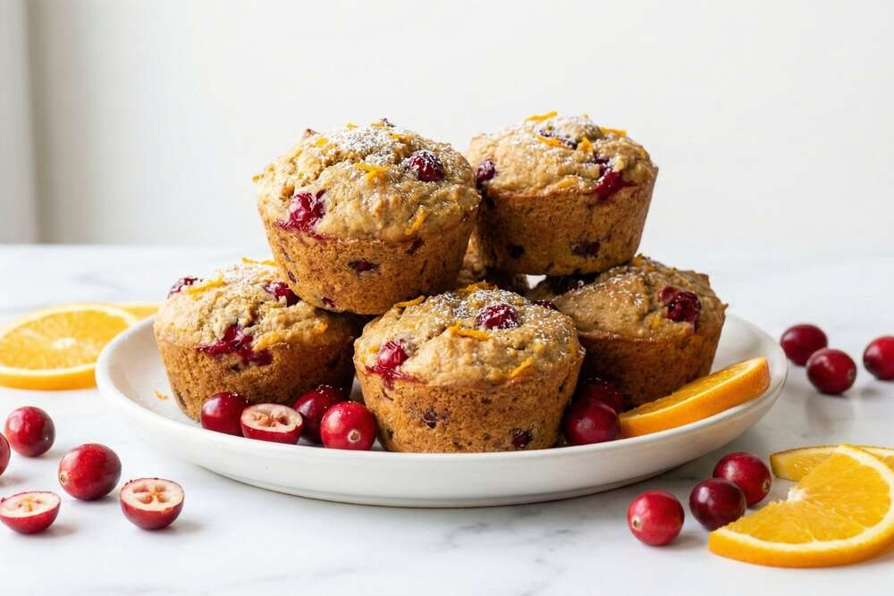 Cranberry orange protein muffins meal prep with fresh mixed berries on white background
