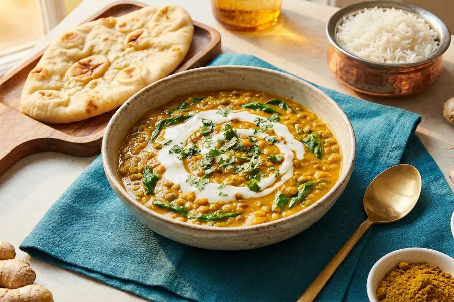 Lentil curry slow cooker meal in ceramic bowl with naan bread and rice