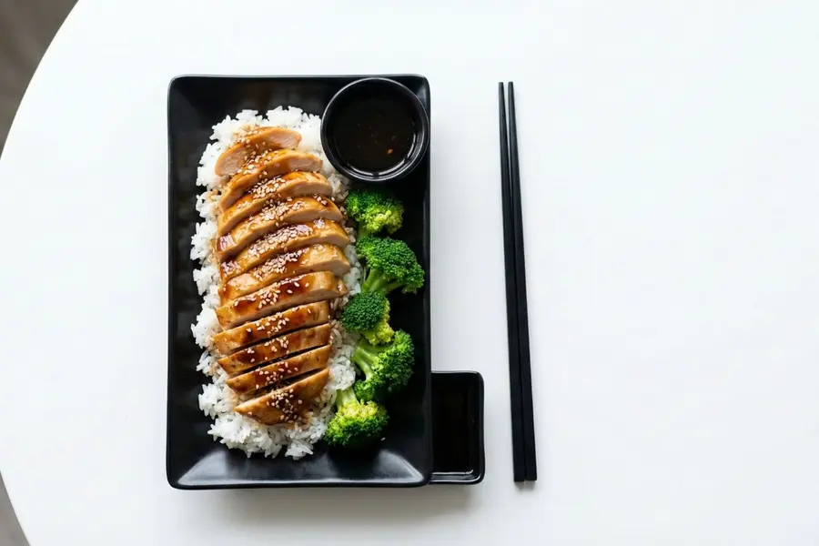 Teriyaki chicken slow cooker meal on black plate with rice and broccoli