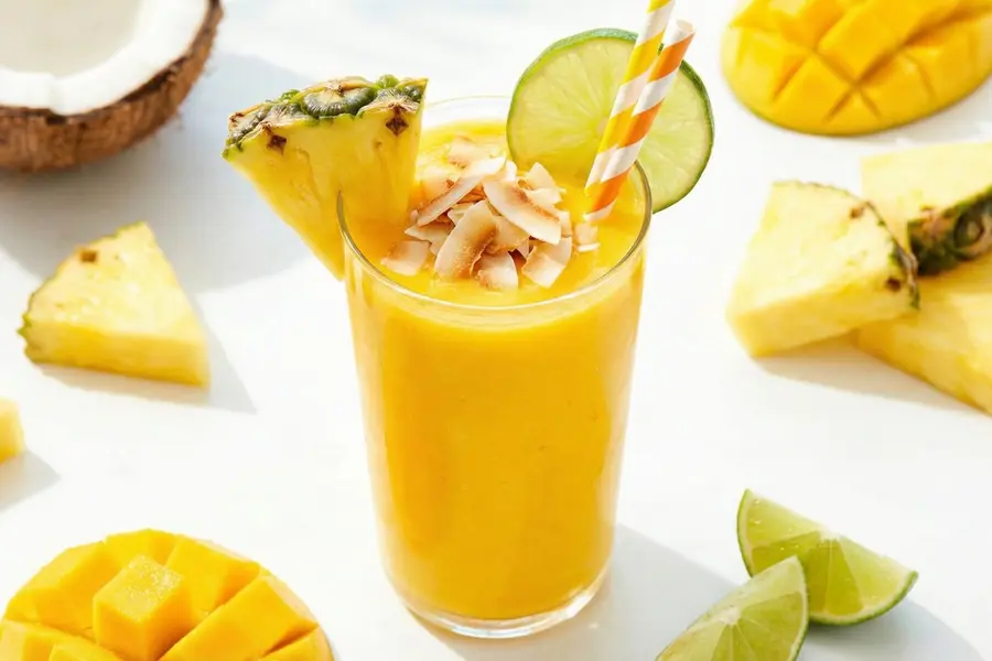 Tropical brain fuel smoothie with pineapple and mango in tall glass