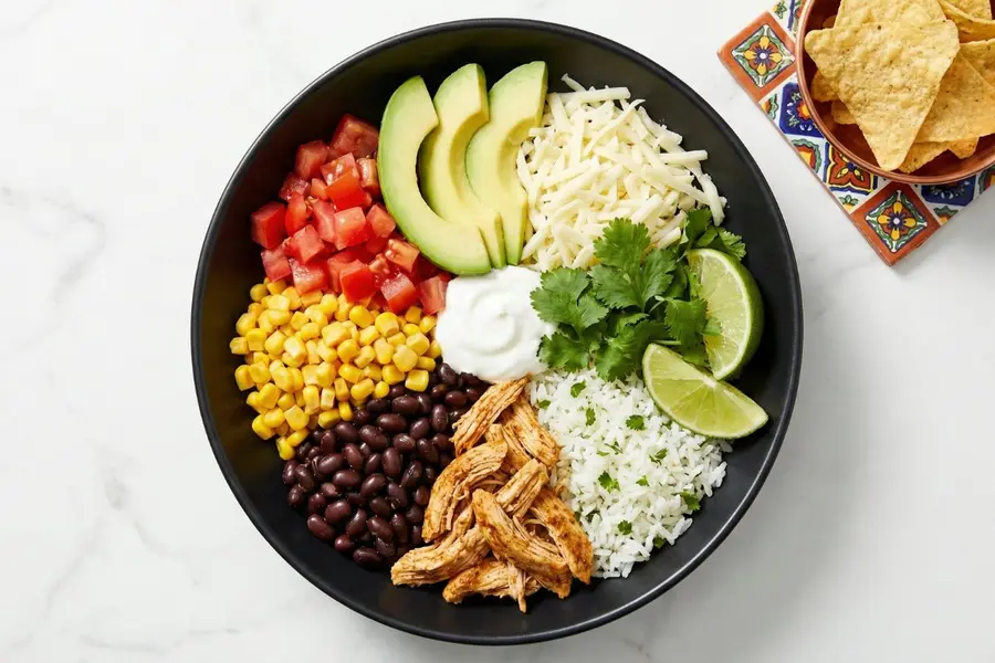 Chicken burrito bowl slow cooker meal with colorful ingredients in black bowl on marble