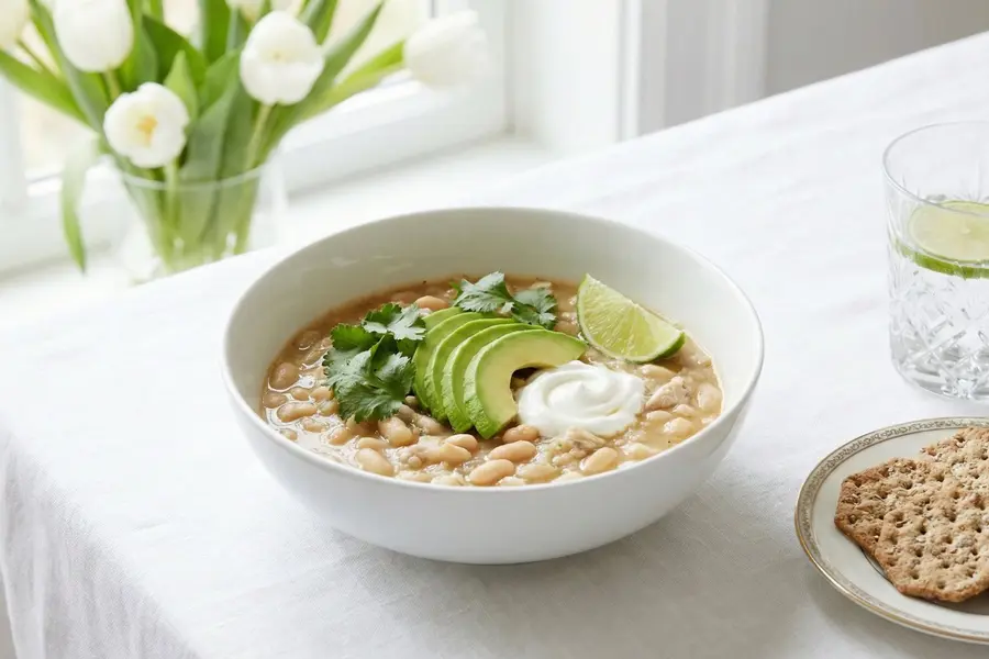 Turkey chili slow cooker meal in white bowl with avocado and Greek yogurt topping