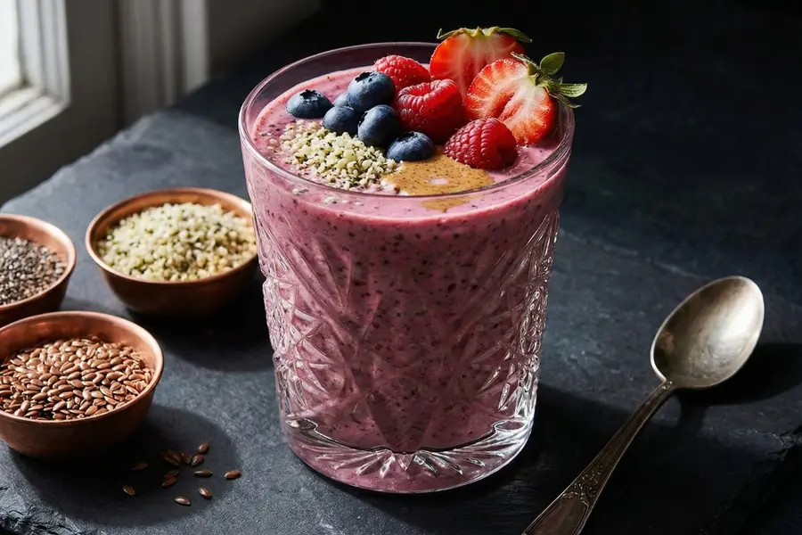 Omega-3 memory smoothie with mixed berries in crystal glass on slate surface