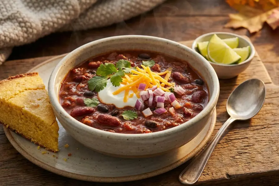 High protein beef chili in stoneware bowl with toppings on rustic wood board