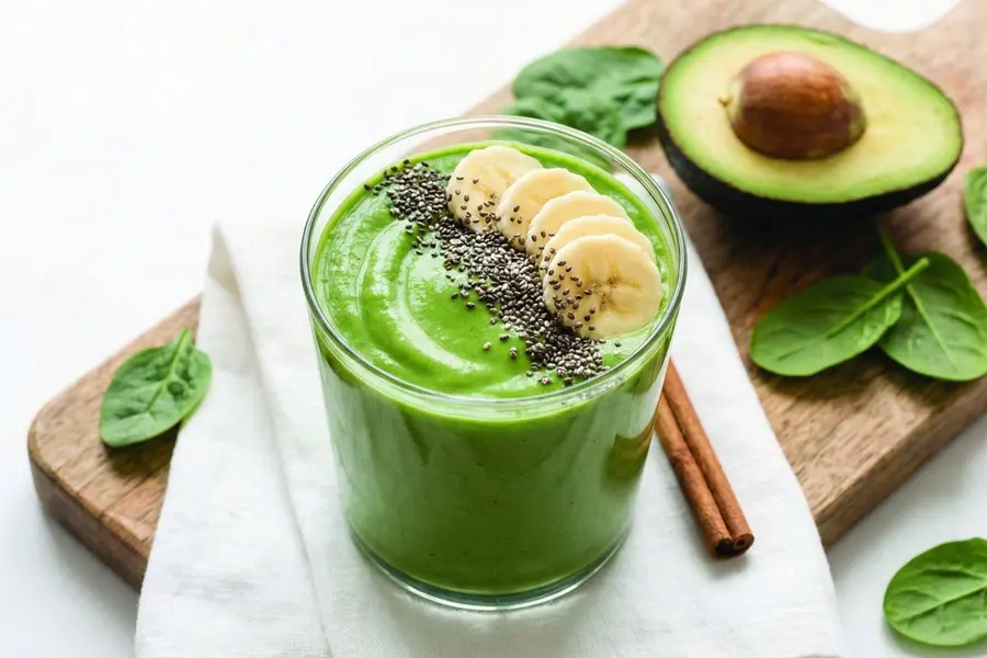 Green brain power smoothie with spinach and avocado in modern glass tumbler
