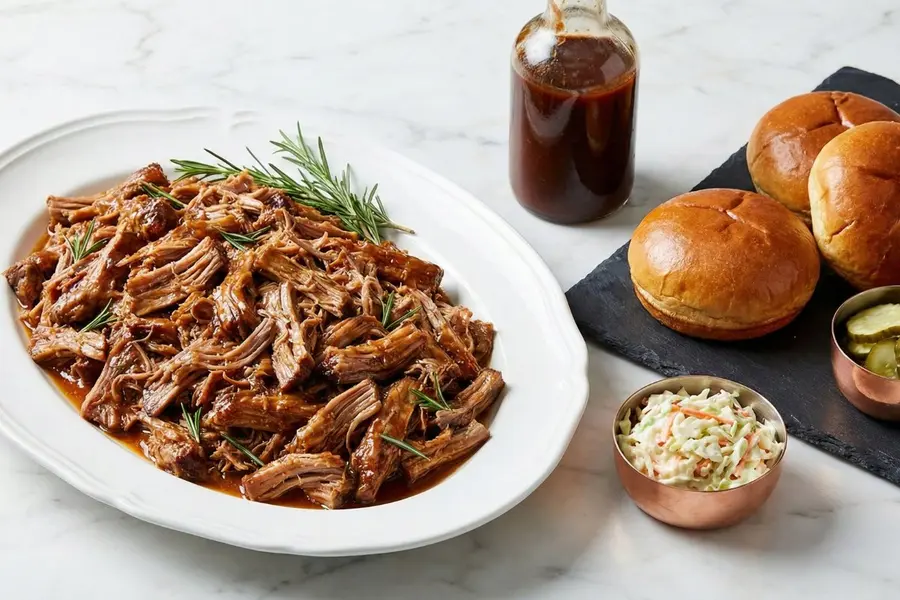 Slow cooker pulled pork on elegant white platter with brioche buns and sides