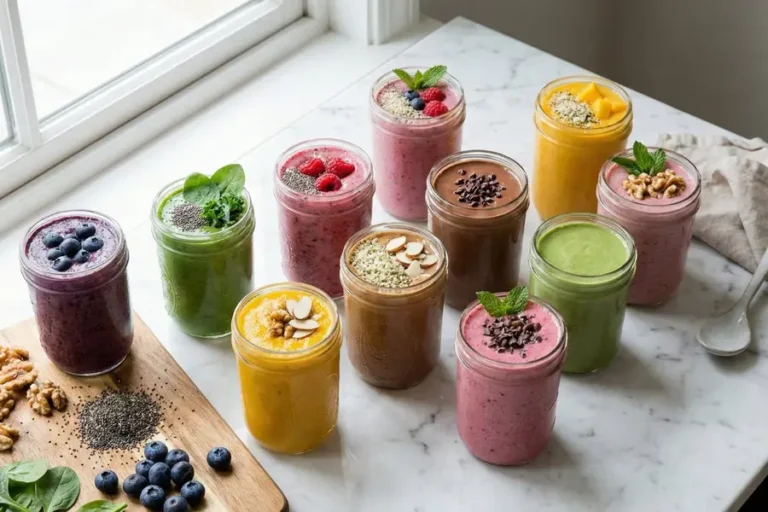Brain food smoothie recipes in eight colorful glass jars with fresh ingredients on white marble counter