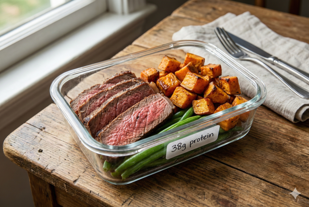 Steak sweet potato meal prep protein packed lunch sliced sirloin roasted sweet potatoes green beans 38g protein work lunch