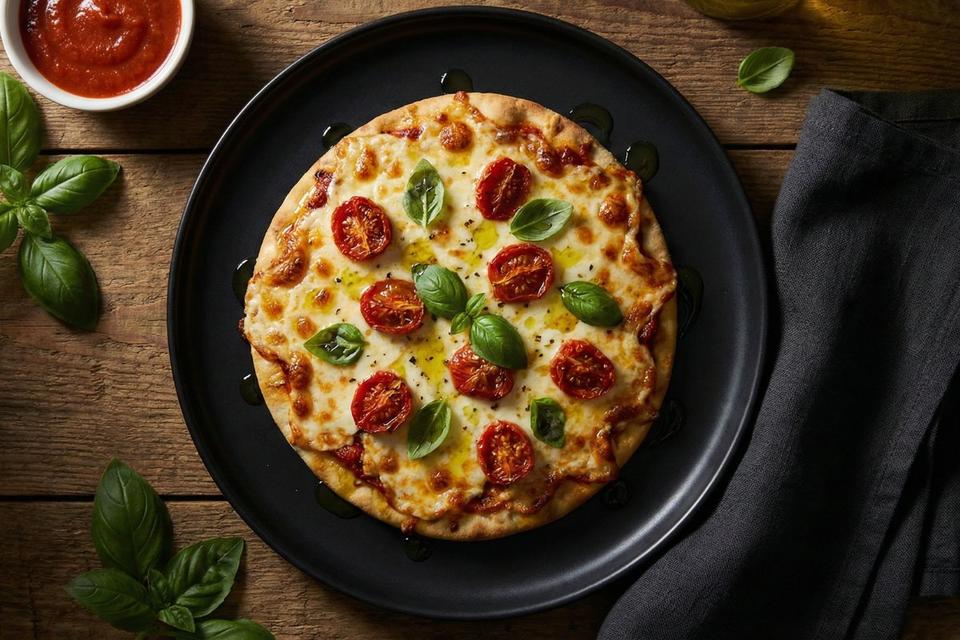 Cottage cheese flatbread recipe pizza with melted mozzarella and basil