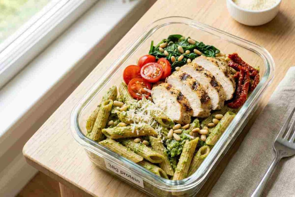 Chicken pesto pasta protein packed lunch grilled chicken whole wheat pasta pesto cherry tomatoes Parmesan 38g protein Italian