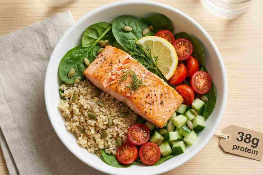 Salmon quinoa power salad protein packed lunch baked salmon quinoa spinach tomatoes cucumber omega-3 38g protein brain food