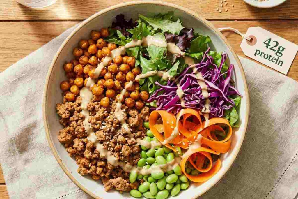 Turkey chickpea Buddha bowl protein packed lunch ground turkey roasted chickpeas edamame vegetables tahini 42g protein healthy