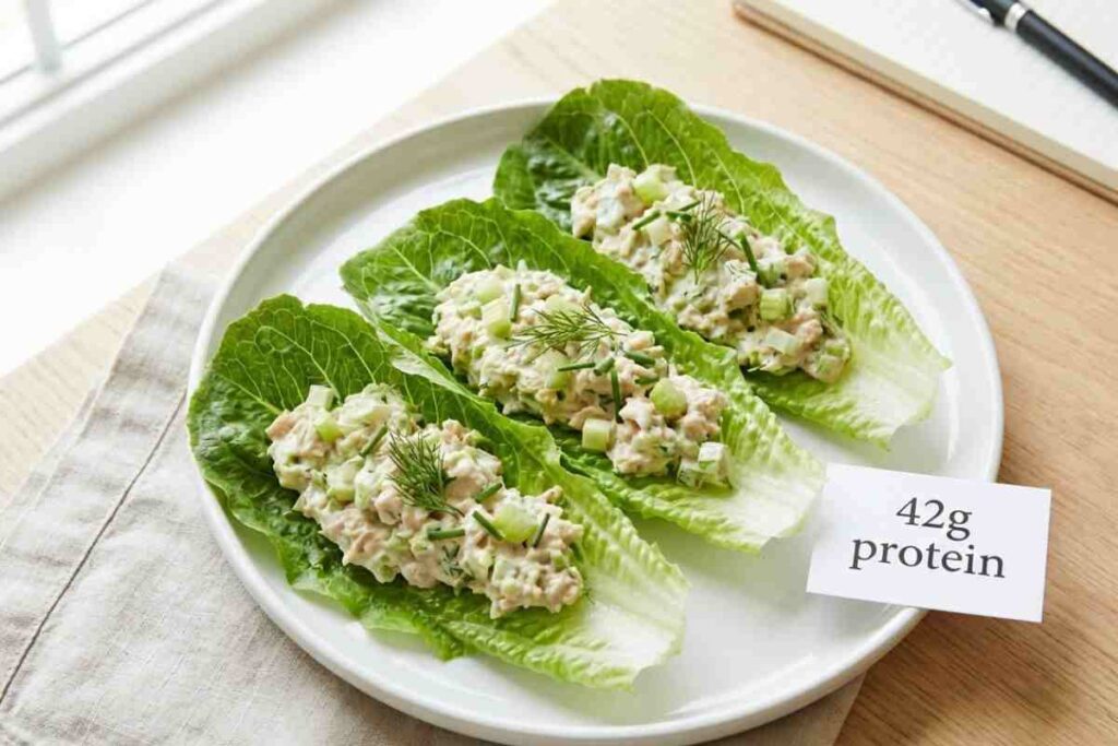 Tuna avocado lettuce wraps protein packed lunch no bread low carb romaine lettuce tuna salad 42g protein healthy