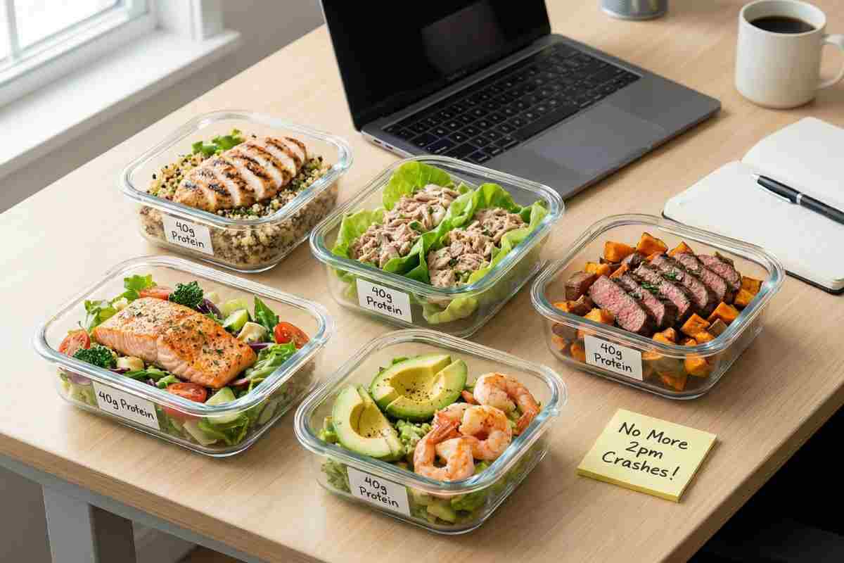 Protein packed lunches meal prep containers office desk grilled chicken salmon tuna 40g protein work lunch workplace wellness