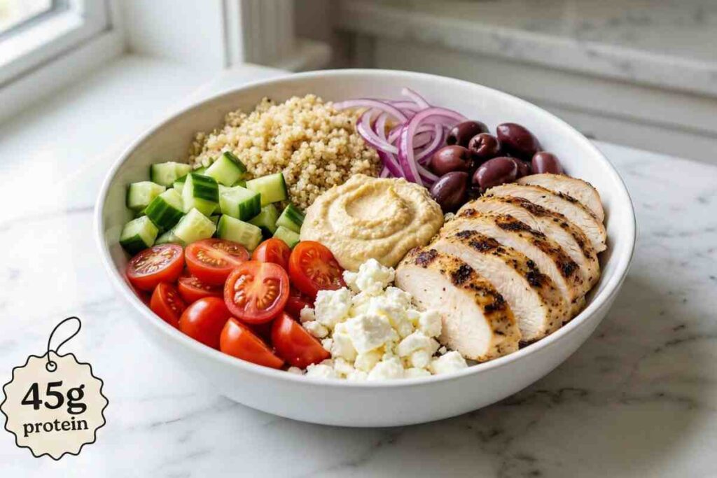 Greek chicken power bowl protein packed lunch grilled chicken quinoa cucumber tomatoes feta olives 45g protein Mediterranean