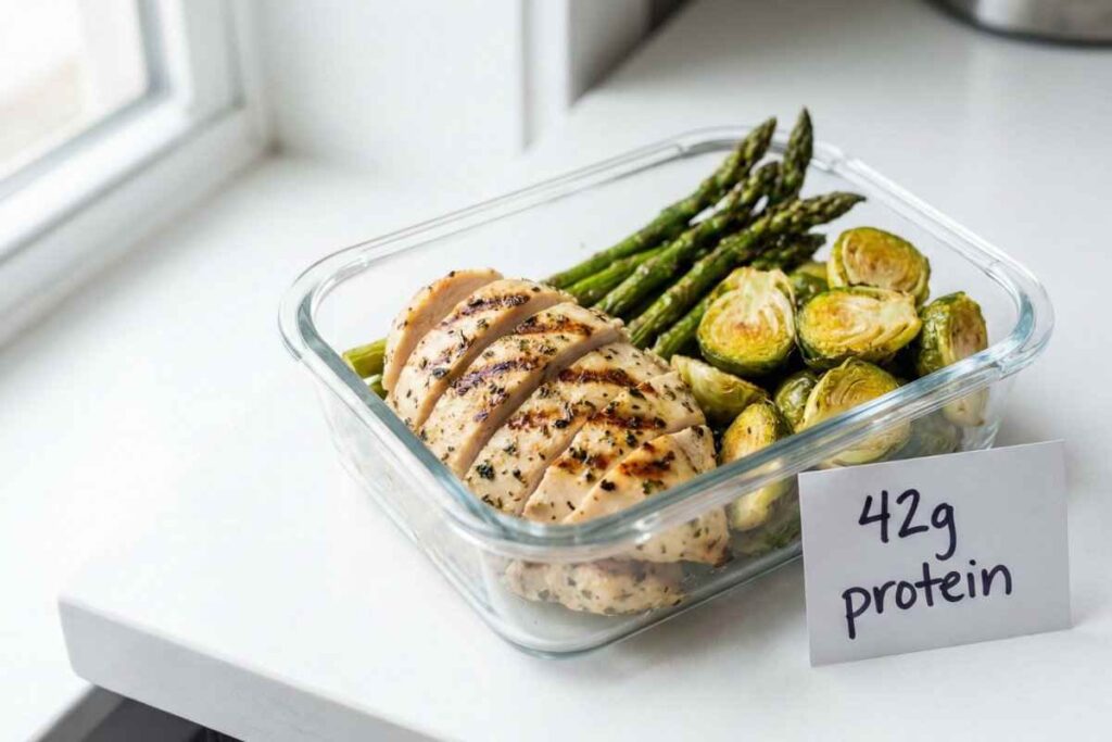 Lemon herb chicken veggie plate protein packed lunch grilled chicken asparagus Brussels sprouts roasted 42g protein clean simple