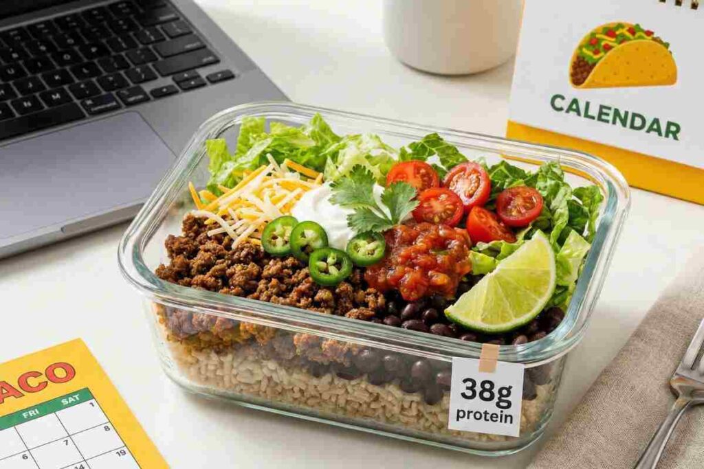 Beef taco bowl protein packed lunch ground beef brown rice black beans lettuce cheese Greek yogurt salsa 38g protein Tex-Mex