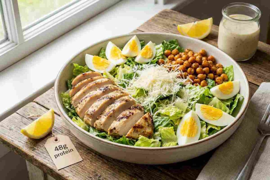 Chicken Caesar salad high protein lunch grilled chicken romaine hard-boiled eggs Parmesan chickpeas 48g protein upgraded classic