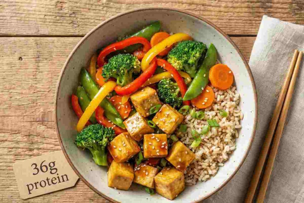 Baked tofu veggie stir-fry protein packed lunch crispy tofu mixed vegetables brown rice sesame soy sauce 36g protein vegan