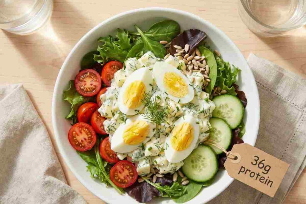 Egg salad protein bowl lunch hard-boiled eggs Greek yogurt mixed greens tomatoes cucumber sunflower seeds 36g protein budget