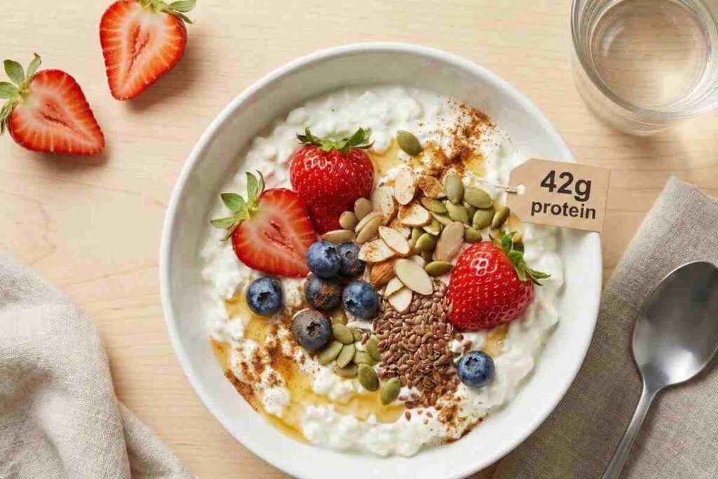 Cottage cheese fruit bowl protein packed lunch cottage cheese berries almonds pumpkin seeds flax 42g protein sweet savory
