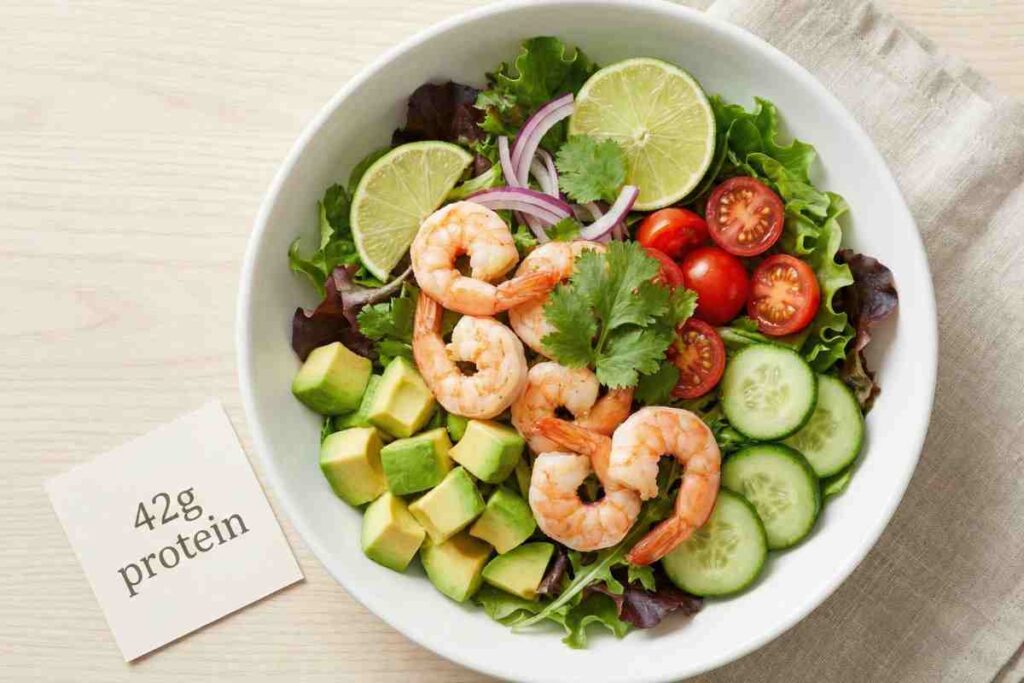 Shrimp avocado salad protein packed lunch cooked shrimp avocado mixed greens tomatoes cucumber 42g protein seafood light