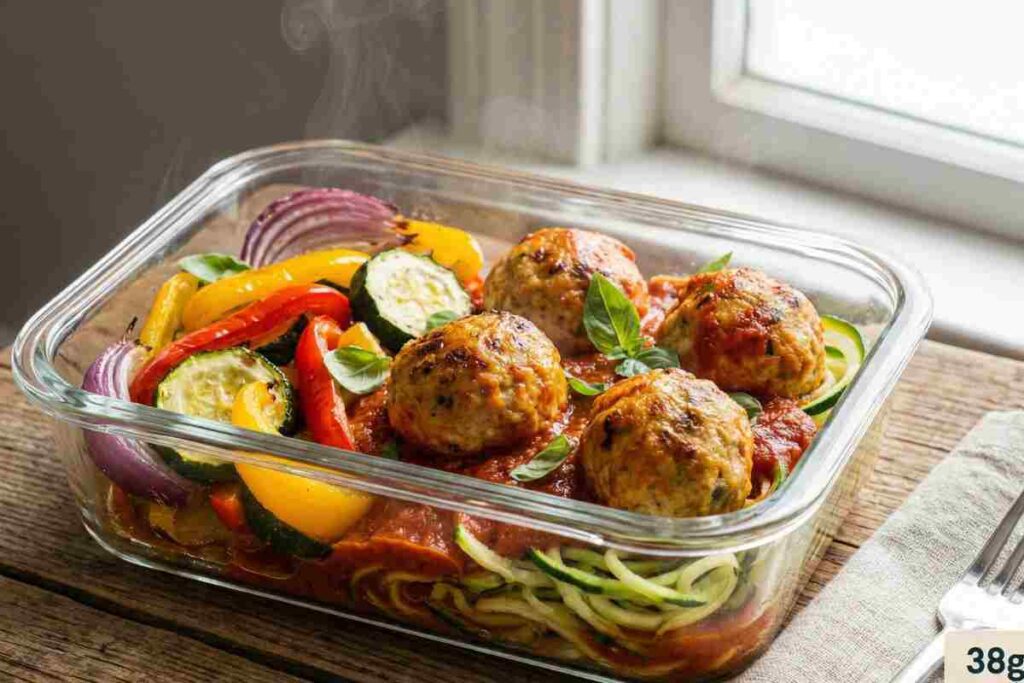 Turkey meatball veggie bowl protein packed lunch baked turkey meatballs roasted vegetables marinara sauce brown rice 38g protein