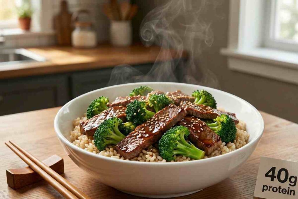 Beef broccoli stir-fry bowl protein packed lunch sliced beef broccoli brown rice soy sauce 40g protein Asian homemade