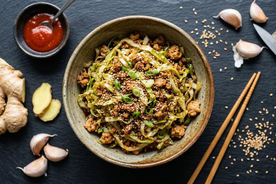 High protein cabbage bowl with ground turkey, sesame seeds, and green onions