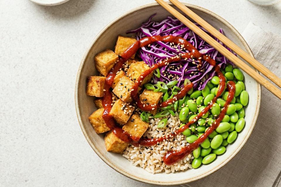 Korean cabbage protein bowl with crispy tofu and gochujang sauce