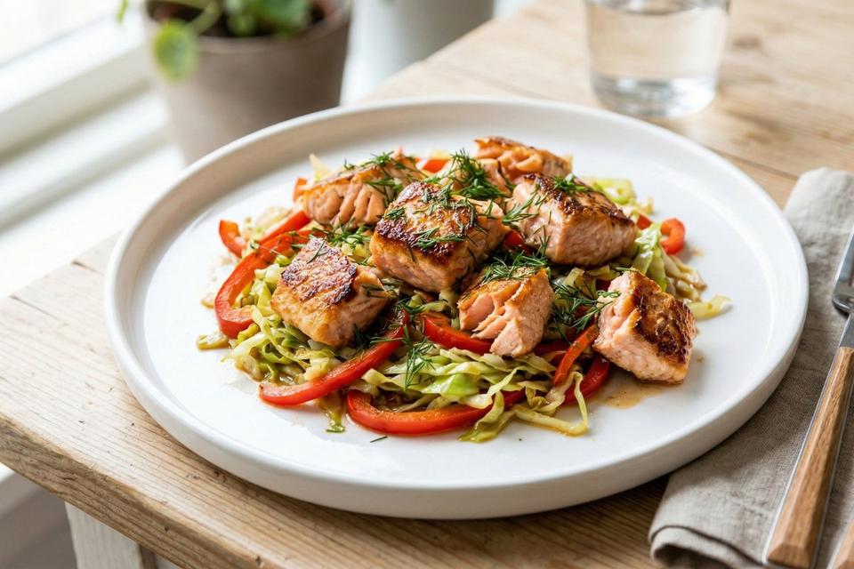 High protein cabbage and salmon stir-fry with lemon soy sauce