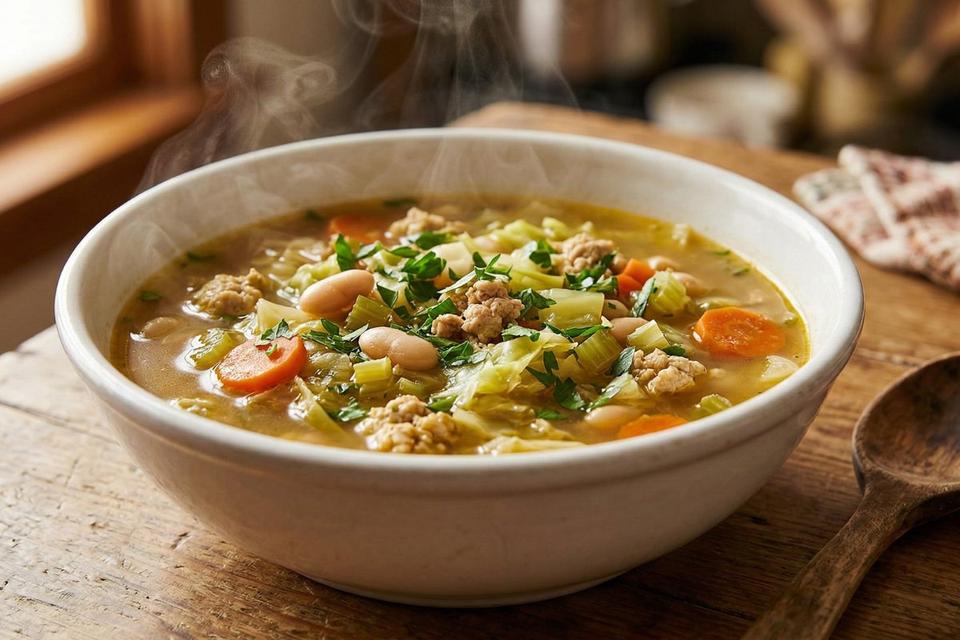 High protein cabbage soup with white beans and ground chicken