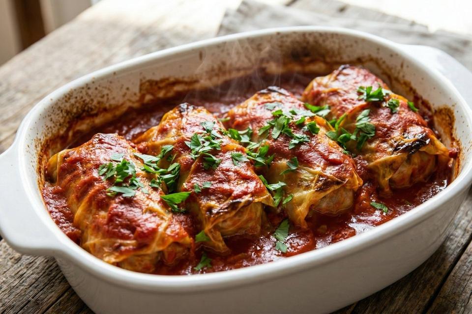 Stuffed Cabbage Rolls with Lean Beef
Stuffed cabbage rolls with lean beef in tomato sauce