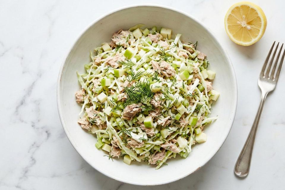 High protein cabbage and tuna salad with Greek yogurt dressing