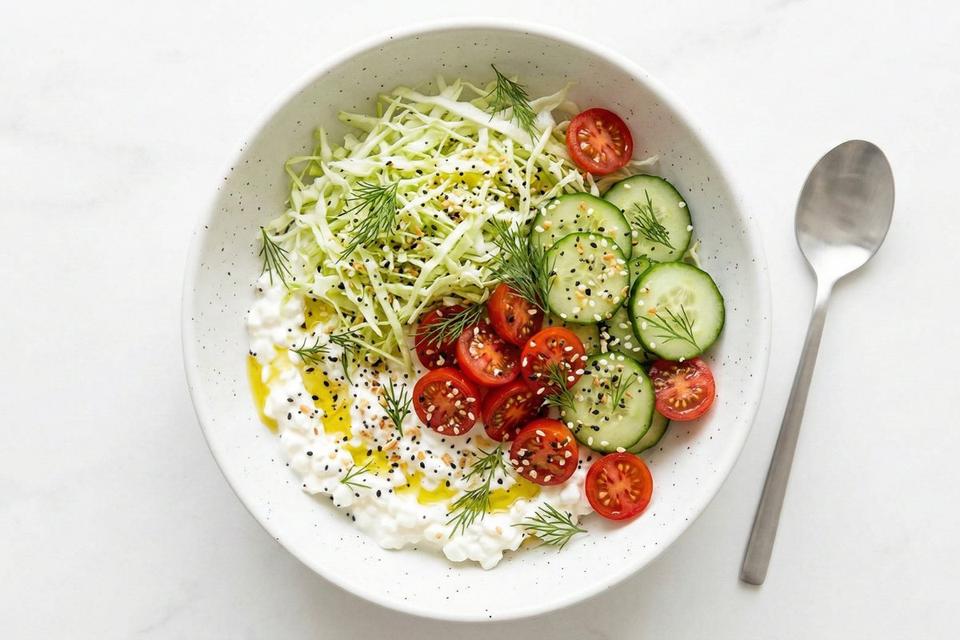 High protein cottage cheese cabbage bowl with everything bagel seasoning