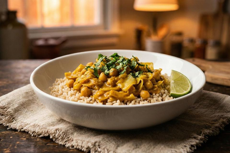 High protein cabbage and chickpea curry with coconut milk