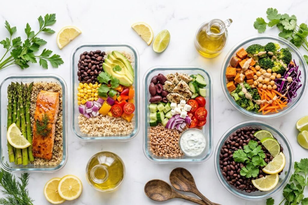 5 ingredient healthy meals flat lay on white marble