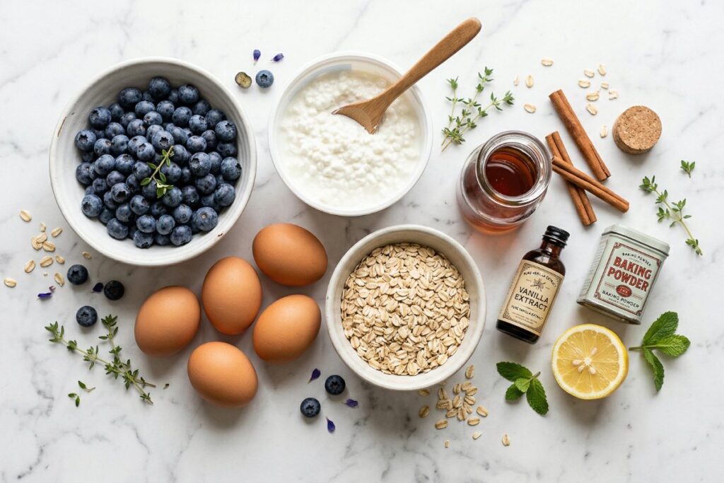 All ingredients for blueberry cottage cheese breakfast bake
including fresh blueberries, cottage cheese, eggs, oats,
maple syrup and cinnamon on a white marble surface