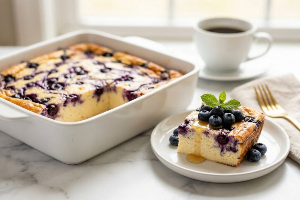 Lifting a slice of blueberry cottage cheese breakfast bake showing creamy custard interior with blueberry swirls