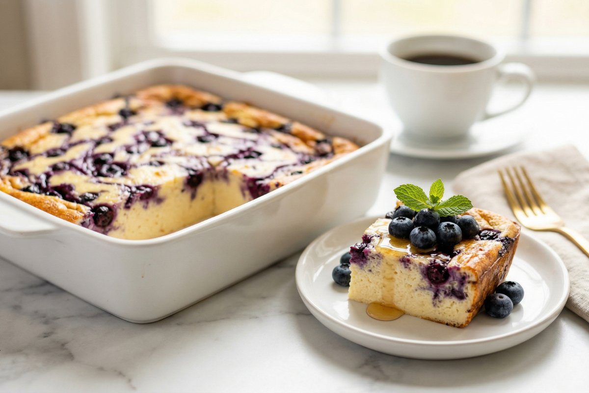 Lifting a slice of blueberry cottage cheese breakfast bake showing creamy custard interior with blueberry swirls