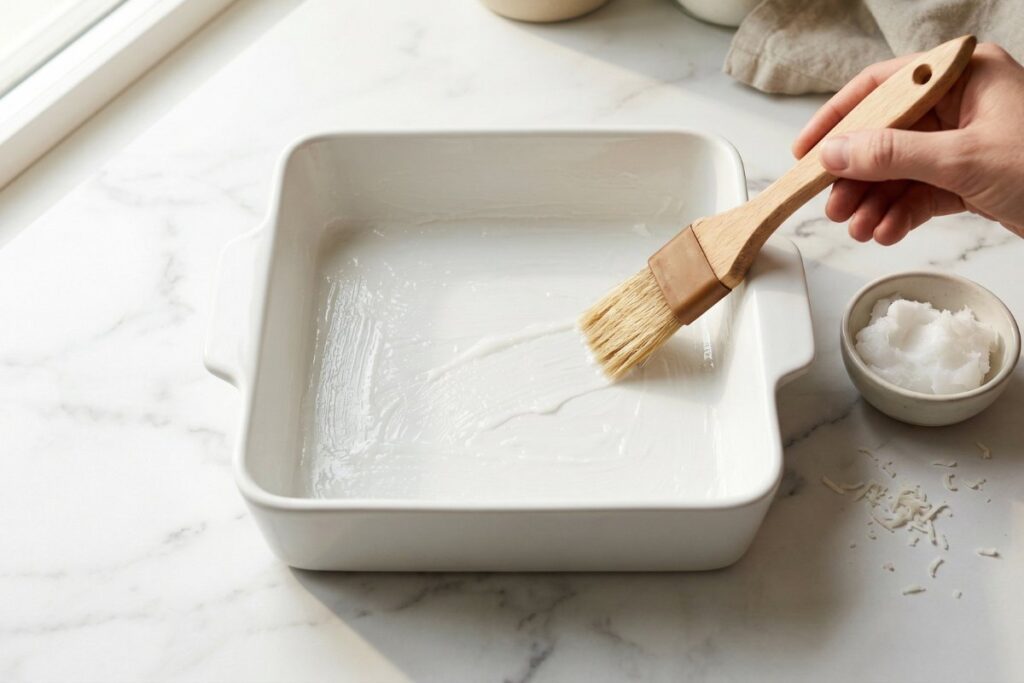 Greasing a white ceramic baking dish with coconut oil
to prepare for blueberry cottage cheese breakfast bake