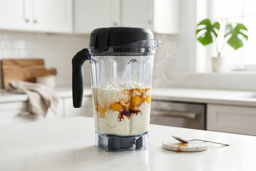 Blending cottage cheese, eggs and maple syrup in a glass
blender until smooth and creamy for breakfast bake batter